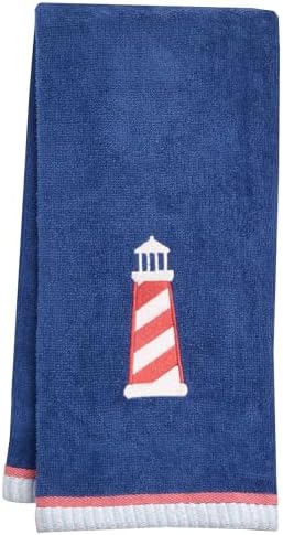 Ritz 2-Piece Cotton Velour Bathroom Hand Towel Set, Embroidered Lighthouse Design, Soft Navy Blue Nautical Decorative Towels for Lake House, Coastal, Beach Home Decor, 16” x 26”