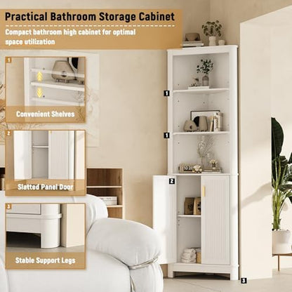INNOD 69" Tall Corner Shelf with Doors, 6-Tier Corner Storage Cabinet with Doors, Space Saver Shelf for Bathroom, Bathroom Floor Cabinet for Living Room Kitchen, Hallway