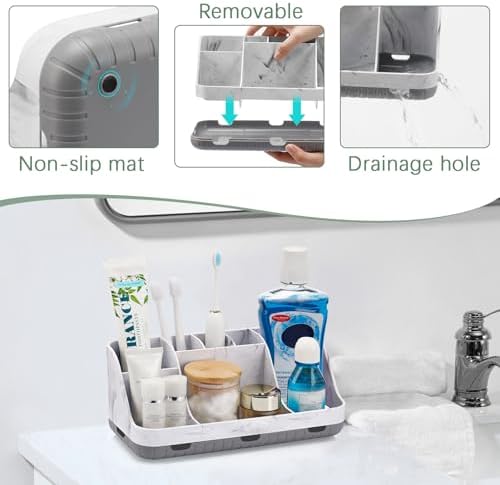 GFWARE Marble Bathroom Countertop Organizer - Detachable 7 Slots Kids Electric Toothbrush and Toothpaste Holde Drainage for Bathroom Accessories Organization Counter Vanity Storage, Grey