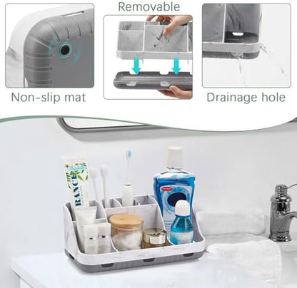 GFWARE Marble Bathroom Countertop Organizer - Detachable 7 Slots Kids Electric Toothbrush and Toothpaste Holde Drainage for Bathroom Accessories Organization Counter Vanity Storage, Grey