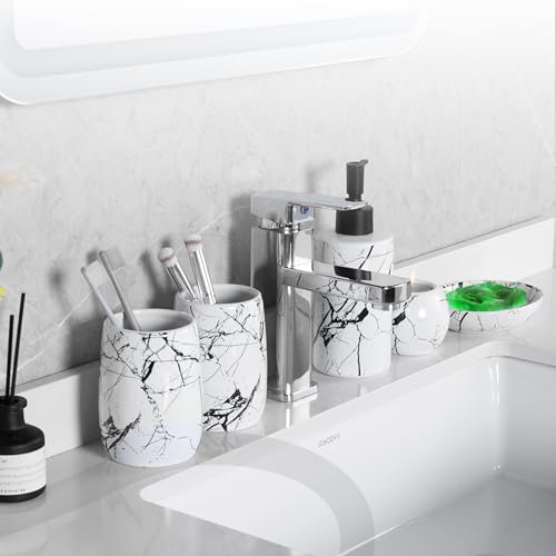 Ceramic Bathroom Accessory Set, 5-Piece Bathroom Accessory Set, Soap Dish, Toothbrush Holder, Soap Dispenser, Bathroom Tumbler & Candle Holder - Modern Bathroom Organizer, (White & Black)