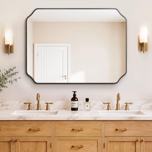 Vanity Bathroom Mirror, 40" x 30" Black Scalloped Mirror for Wall
