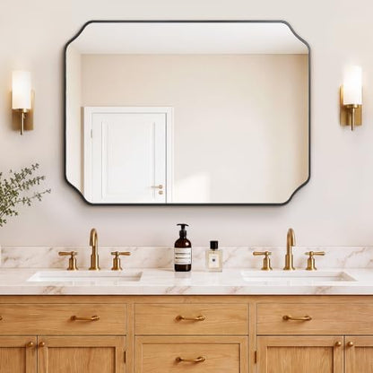 Vanity Bathroom Mirror, 40" x 30" Black Scalloped Mirror for Wall