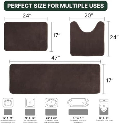 H.VERSAILTEX Bath Mat Memory Foam Set Bathroom Rug Set Flannel Velvety Extra Soft and Absorbent Non Slip Rugs for Bathroom/Bedroom Washable(47"x 17" + 17"x 24" + 20"x 24"U-Shaped, Brown)