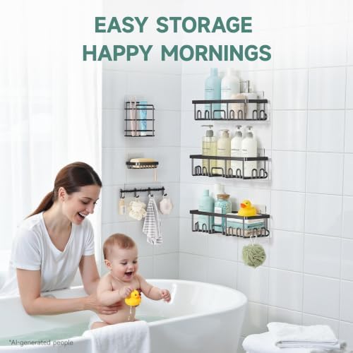 Veken Shower Caddy 6-Pack with Hooks, Bathroom Organizers & Storage, Black