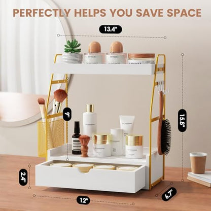 2 Tier Bathroom Counter Organizer with Drawer & Basket, Wooden Vanity Tray Countertop Shelf Accessories for Makeup Storage, Coffee Bar Station, Perfume Skincare, Kitchen, Bedroom (White)