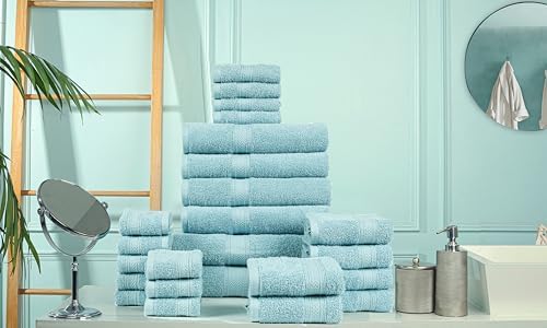 HILLFAIR 100% Cotton 24 Piece Bath Towels Set for Bathroom - Ocean Blue