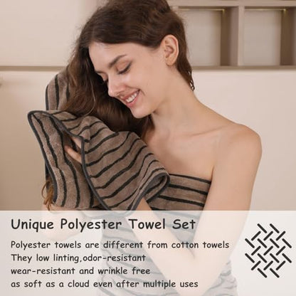 8 Pcs Brown Cabana Stripe Large Bath Towel Set-2 Bathroom Towels,2 Hand Towels,4 Washcloths Lightweight Soft Microfiber Bath Sheet Absorbent Shower Towel Quick Dry Beach Chair Spa Gym Hotel Towels