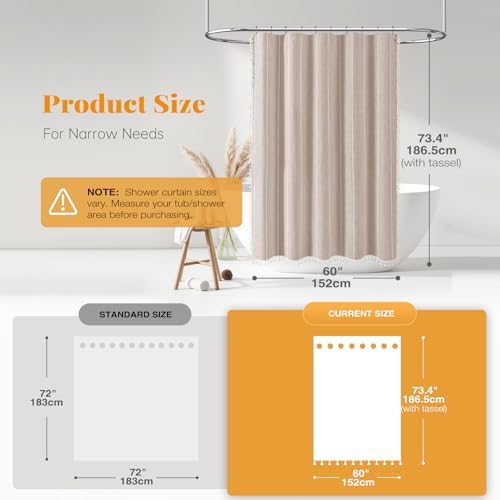 BTTN 60x72 Boho Farmhouse Linen Heavy Duty Shower Curtain Set, Tan/Taupe