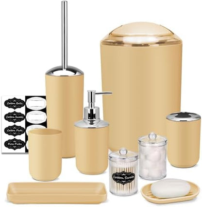 IMAVO Bathroom Accessories Set,Yellow Bathroom Set,9 Pieces Bathroom Accessory Set,Tray,Qtip Holders,Toilet Brush,Trash Can for Bathroom Décor and Home Gifts