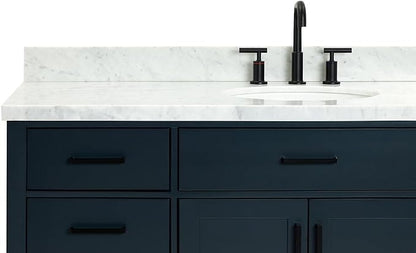 ARIEL Hepburn 60-inch Bathroom Vanity with Sink,Solid Wood, 1.5-inch Italian Carrara Marble Countertop, Single Rectangular Porcelain Sink, 2 Soft Closing Doors, 9 Dovetail Drawers, Midnight Blue