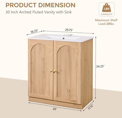 IFBUY 30 Inch Arched Bathroom Vanity with Sink, Fluted Design, Natural Oak