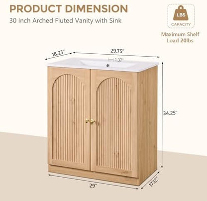 IFBUY 30 Inch Arched Bathroom Vanity with Sink, Fluted Design, Natural Oak
