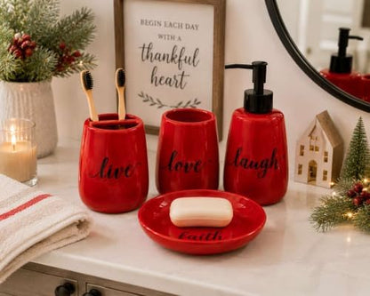 Red Ceramic Bathroom Accessories Set, 4 Piece Farmhouse Bathroom Decor, Soap Dispenser, Toothbrush Holder, Tumbler & Soap Dish, Live Love Laugh Faith Bathroom Countertop Set
