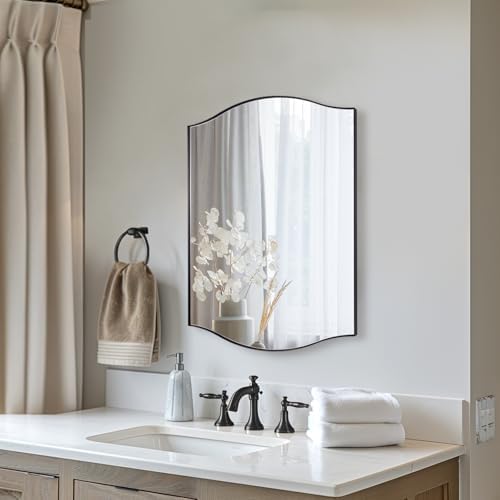 ANDY STAR Black Bathroom Mirror, 20"x30" Scalloped Wall Mirror in Stainless Steel Metal Frame, Unique Vanity Mirror with Modern Curved Edge Design, Ideal for Bathroom, Bedroom, Entryway