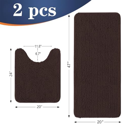OLANLY Chenille Bathroom Rugs Mats Sets 2 Piece, 47"x20"+24"x20", Brown