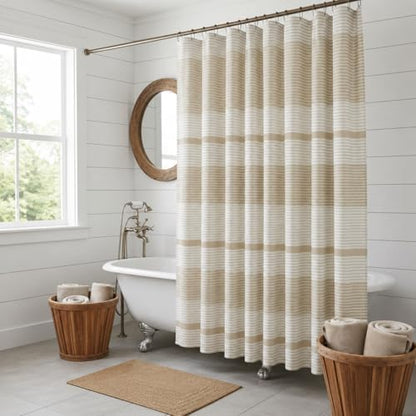 Serafina Home Tan Beige White Striped Cotton Bathroom Shower Curtain