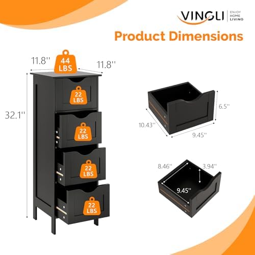 VINGLI Black Bathroom Storage Cabinet with 4 Drawers, Slim Freestanding Floor Cabinet for Small Spaces, Narrow Side Organizer Storage Unit for Restroom, Living Room & Kitchen, Farmhouse Style