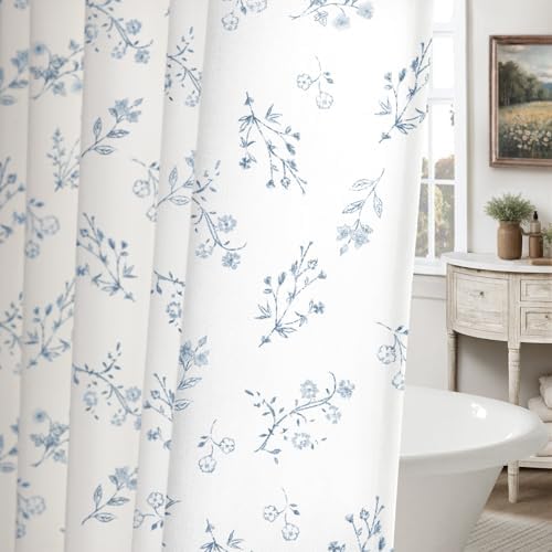 Blue Floral Farmhouse Vintage Cotton Shower Curtain French Country 72Wx72H