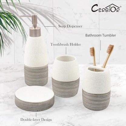 CERBIOR Bathroom Accessories Set,4 PCS Ceramic Bath Accessory,Grey White