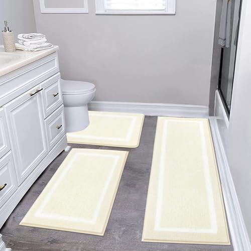 Pauwer Bathroom Rugs 3 Piece Set, Non Slip Washable Bath Mat, Ivory