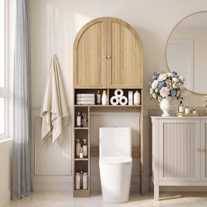 HMstone Over The Toilet Storage Cabinet, 29.7W'' Arched Bathroom Organizer and Storage with Doors and Adjustable Shelf, Space-Saving Freestanding Bathroom Modern Storage Cabinet Over Toilet (Natural)