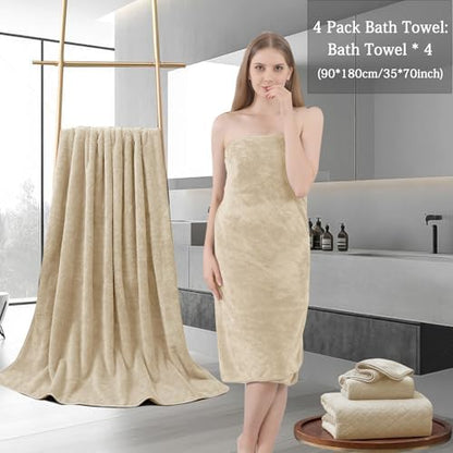 4 Piece Extra Large Bath Towels Set 35x70 Inches - Luxury 600 GSM Oversized Bath Sheet Towel,Ultra Soft Microfiber - Quick Dry,Highly Absorbent Shower Towels Spa Hotel Bathroom Towel Set (Beige)