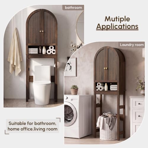 HMstone Over The Toilet Storage Cabinet, Arched Bathroom Organizer and Storage with Doors and Adjustable Shelf, Space-Saving Freestanding Bathroom Modern Storage Cabinet Over Toilet (Walnut)