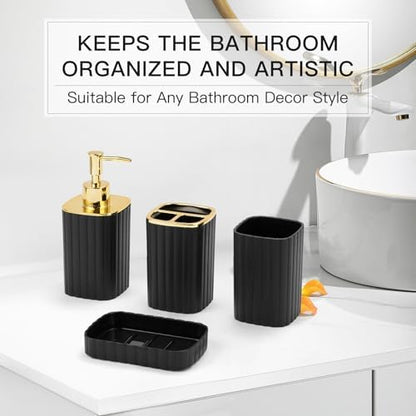 RRM Bathroom Accessories Set 4 Piece, Black and Gold Bathroom Set