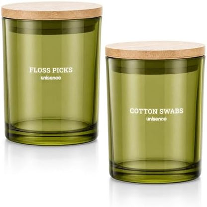 2 Pack Glass Qtip Holder Dispenser Set - Q Tip Holder for Bathroom Canister Qtip Dispenser with Lid for Cotton Balls, Swabs, Floss Picks, and Makeup Sponges ,Olive Green,Large Capacity