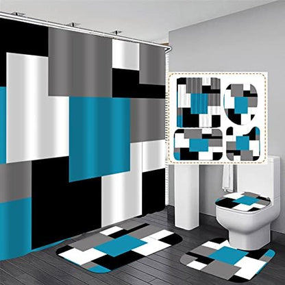 Yddsky 4PCS Geometric Blue Shower Curtain Sets for Bathroom,72x72 Inch