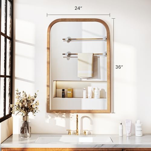 36"x24" Arched Wood Bathroom Mirror - Handcrafted Modern Farmhouse Bathroom Mirror with Tempered Glass&Natural Wood Frame, Anti-Fog Decorative Vanity Mirror for Bedroom, Living Room, Spa & Home Decor