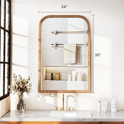 36"x24" Arched Wood Bathroom Mirror - Handcrafted Modern Farmhouse Bathroom Mirror with Tempered Glass&Natural Wood Frame, Anti-Fog Decorative Vanity Mirror for Bedroom, Living Room, Spa & Home Decor