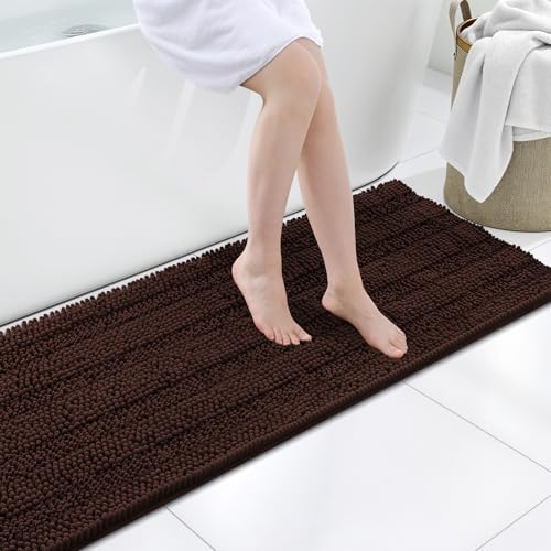 Grandaily Chenille Striped Bathroom Rugs 59x20, Extra Thick and Soft Absorbent Bath Mats, Rubber Backing, Plush Shaggy Shower Carpet, Machine Wash Dry, Bath Rug for Bathroom, Dark Brown