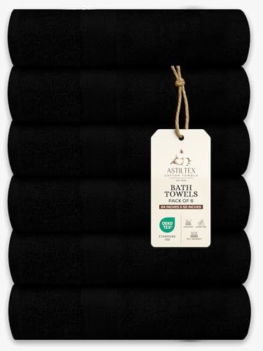 Bath Towels Pack of 6 – 24" x 50" – 100% Cotton Terry, Soft, Quick-Dry & Highly Absorbent – Black Towels for Bathroom, Spa, Gym, Hotel, Pool & Everyday Use