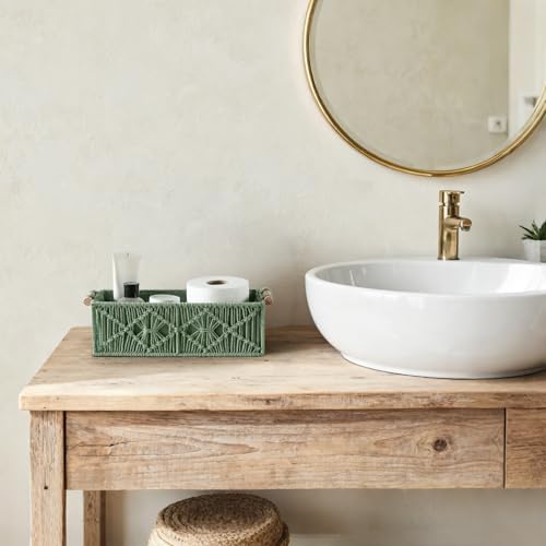 Mkono 2Pc Macrame Storage Basket, Boho Decor Toilet Paper Holder, Green