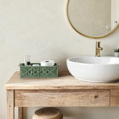 Mkono 2Pc Macrame Storage Basket, Boho Decor Toilet Paper Holder, Green