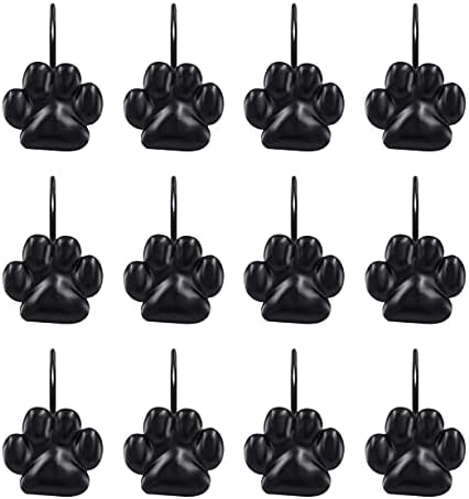 Sunlit Fashion Design Cute Paw Print Polished Shower Curtain Hooks for Dog Cat and Bear, Rust Proof Oil Metal Shower Curtain Rings, Black-12 Pack