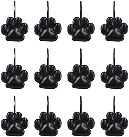 Sunlit Fashion Design Cute Paw Print Polished Shower Curtain Hooks for Dog Cat and Bear, Rust Proof Oil Metal Shower Curtain Rings, Black-12 Pack