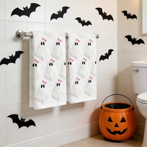 2 Pack Halloween Hand Towels 100% Cotton Jacquard Bow Ghost Halloween Kitchen Towels White Bathroom Towels Set Seasonal Bathroom Decor(Bow Ghost)