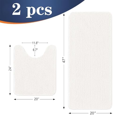 OLANLY Chenille Bathroom Rugs Mats Sets 2 Piece, 47"x20"+24"x20", Ivory