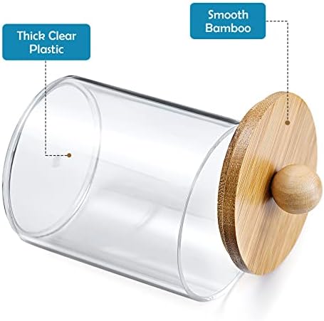 2 Pack Qtip Holder Dispenser with Bamboo Lids - 10 oz Clear Plastic Apothecary Jar Containers for Vanity Makeup Organizer Storage - Bathroom Accessories Set for Cotton Swab, Ball, Pads, Floss