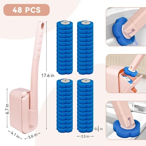 Disposable Toilet Brush with 48 Refills,Toilet Cleaning Supplies,Toilet Wand Brush Starter Kit,Wall Mounted Toilet Bowl Cleaner Brush with Holder for Bathroom Deep Cleaning & Hygiene (Pink)
