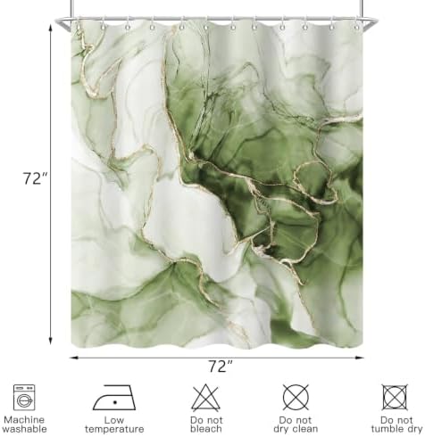 Green Marble Shower Curtain Modern Abstract Luxury Gold Ink Texture Gray Ombre Watercolor Bathroom Curtain Set with Hooks Soft and Lightweight Waterproof Fabric Machine Washable 66" WX72 L