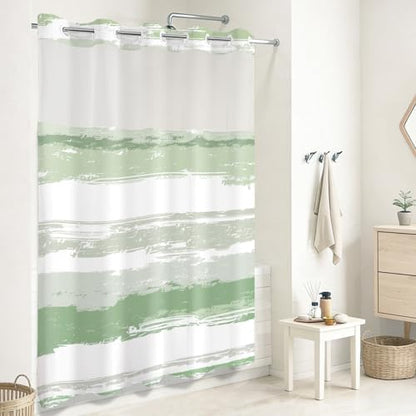 No Hook Shower Curtain with Liner, Green Stripe, 71x74 Inch