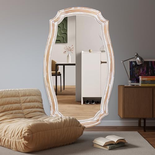 36x24 Inch Rustic Scalloped Wall Mirror, Distressed Wooden Beaded Mirrors