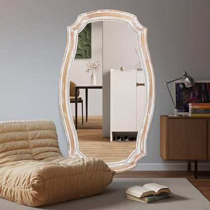36x24 Inch Rustic Scalloped Wall Mirror, Distressed Wooden Beaded Mirrors