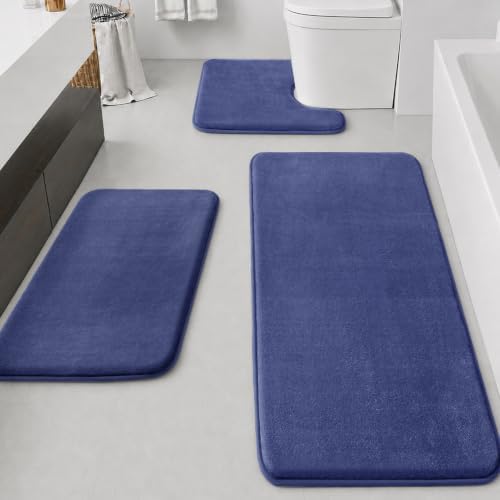 HUXMEYSON Bathroom Rugs Sets 3 Piece, Non-Slip & Quick Dry Bath Mat Set, Ultra Soft Velvet Bath Rugs for Bathroom, Toilet and Shower Floor, Royal Blue