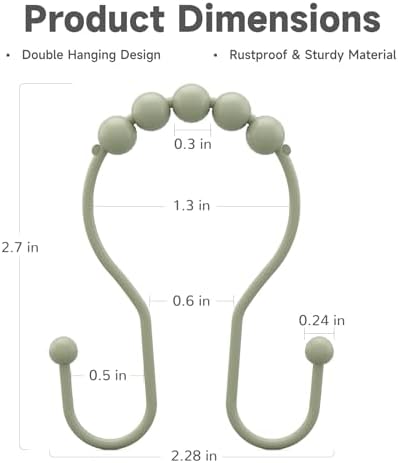 Bathway Sage Green Shower Curtain Hooks Shower Curtain Rings Rust Proof Sturdy Metal Double Shower Curtain Hooks, Shower Hooks for Shower Curtain Bathroom Shower Rod Hooks Hangers