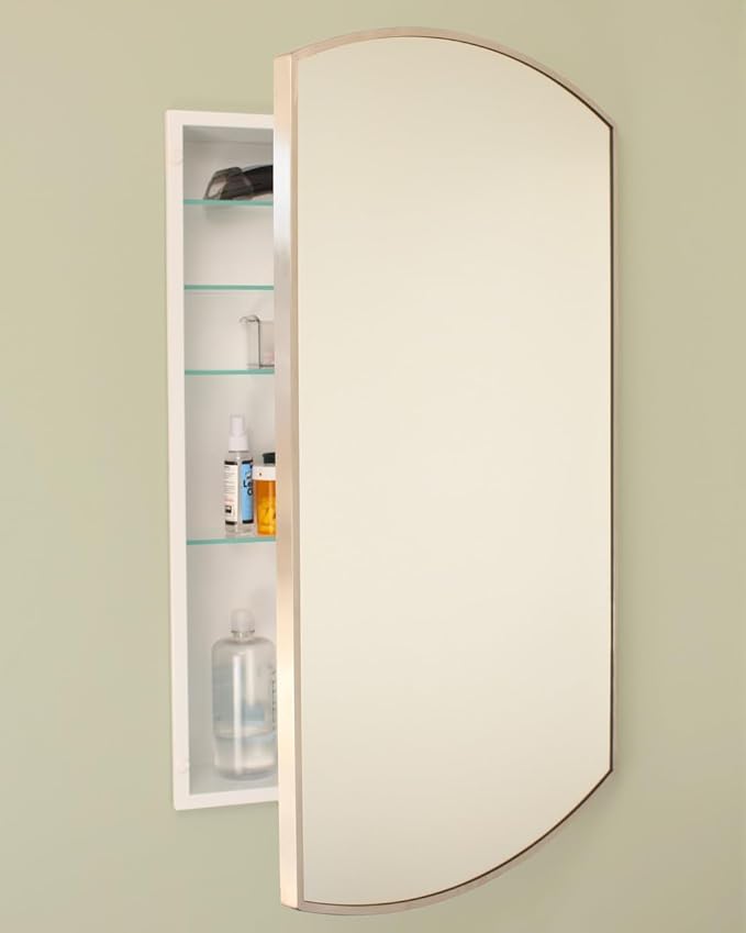 Fox Hollow Furnishings 20x30 Harper Crescent Metal Framed Rectangle Recessed Bathroom Medicine Cabinet, Arced Mirror, 14x18 in-Wall Opening, Adjustable Glass Shelves, Magnet Close, Brushed Nickel